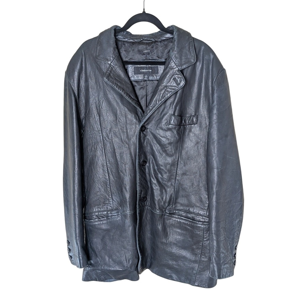 Claiborne‎ Men's Black Lambskin Leather Blazer Jacket Size L — Fair Condition